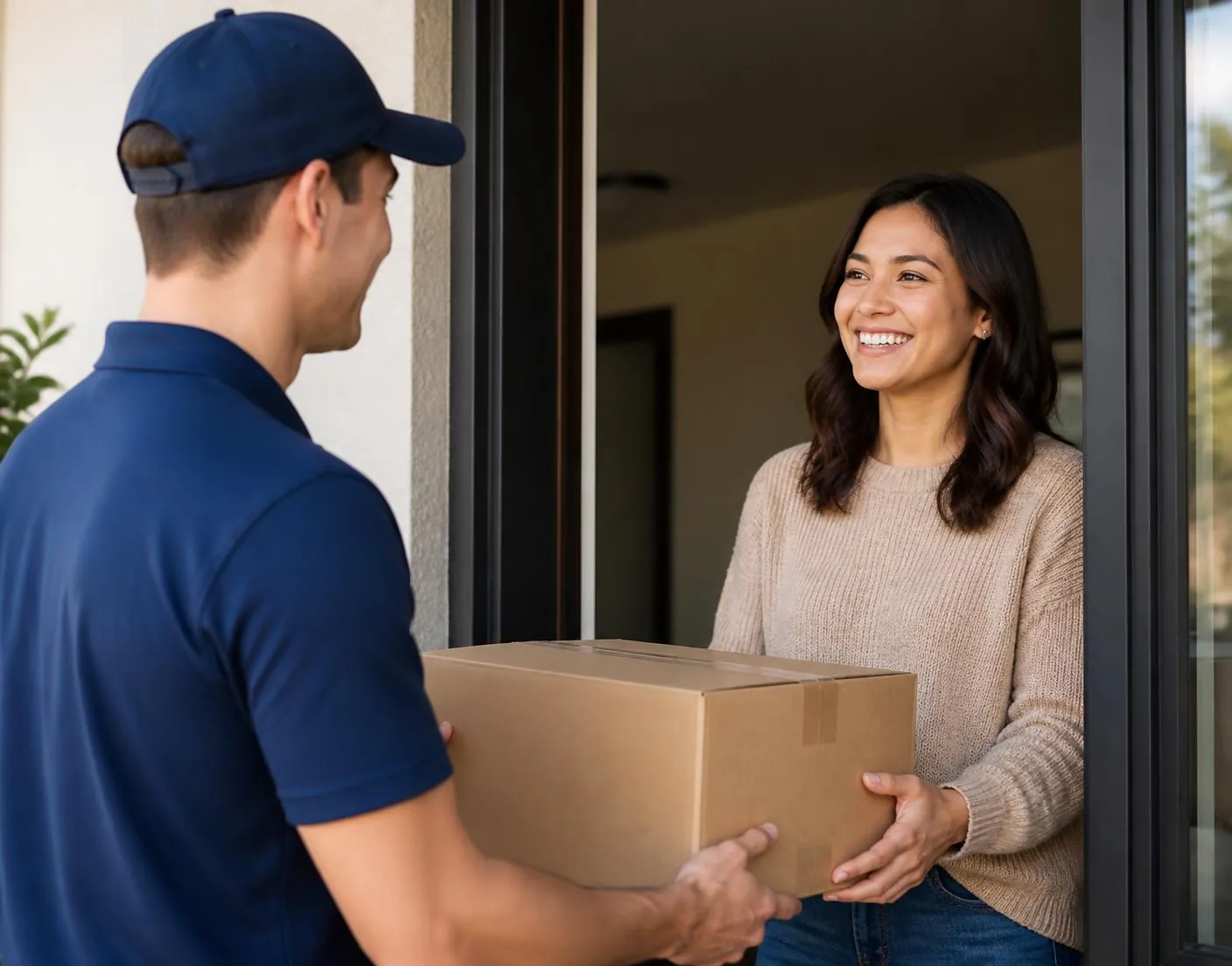 A courier in plain navy clothing handing a sealed parcel to a smiling customer at a residential doorway